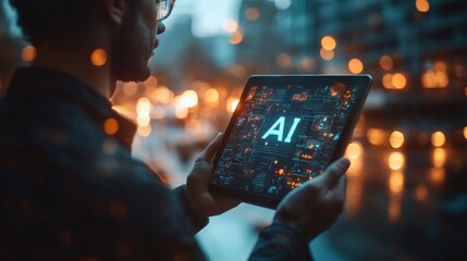 The man shows a tablet with the word "AI" projected in the air.