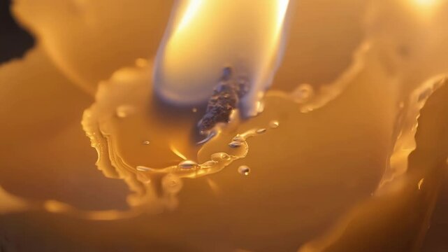 White candle melts slowly, creating a cozy glow. Liquid wax pools around the flame, casting a soft light. Perfect for romantic decor or celebrations, with a relaxing aroma