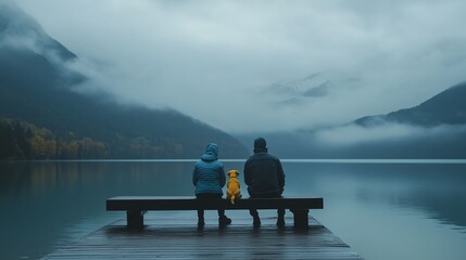 A serene moment by the lake with two people and a dog sitting on a wooden dock surrounded by mountains and mist on a cloudy day