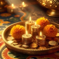 Dhanteras Decor: Golden Coins and Diyas