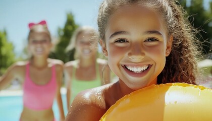 Family of various ethnicities enjoying a backyard pool party