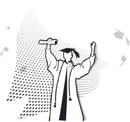 A stylized  graduate silhouette with half-tone dots background with hats flying in the air in celebration.