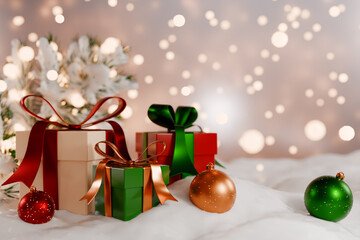 Christmas gifts and ornaments are beautifully arranged with a soft, festive background of lights. 3d rendering