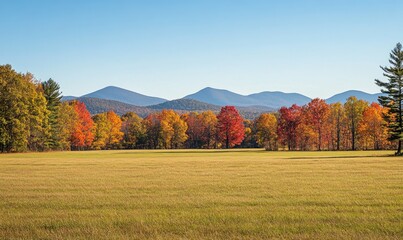 Tranquil fall landscape, open field, colorful trees