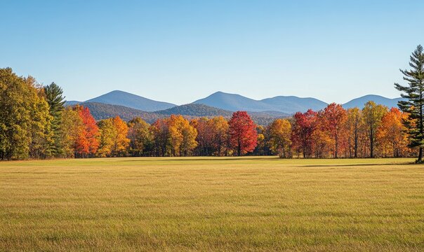 Tranquil fall landscape, open field, colorful trees