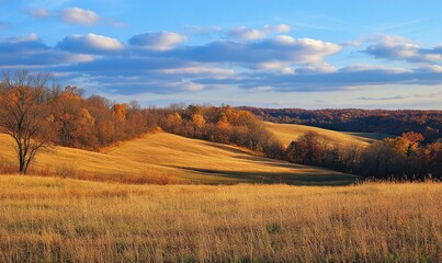 Fototapeta premium Tranquil fall landscape, open field, colorful trees