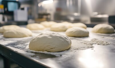 Unshaped bread dough on a metal table, industrial kitchen