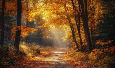 Vibrant autumn view, forest, golden leaves