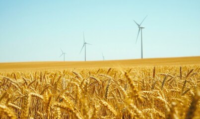 Vast wheat fields, wind turbines in the distance