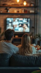 A couple sits close together on a sofa, engaging with a streaming show on their television during a cozy evening at home