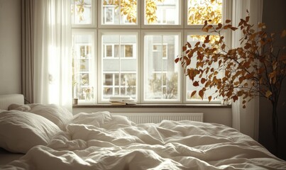 Warm bedroom, light wood bedframe, cozy knitted blankets, panoramic windows
