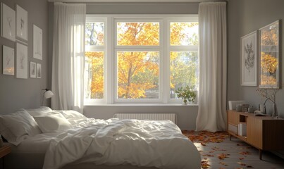 Warm bedroom, light wood bedframe, cozy knitted blankets, panoramic windows
