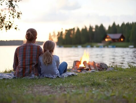 Family of friends enjoying a weekend getaway at a lakeside cabin