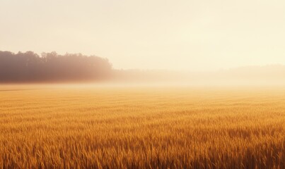 Fototapeta premium Wheat field at dawn, soft light, golden hues, misty horizon