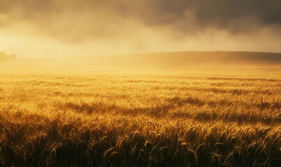 Wheat field at dawn, soft light, golden hues, misty horizon