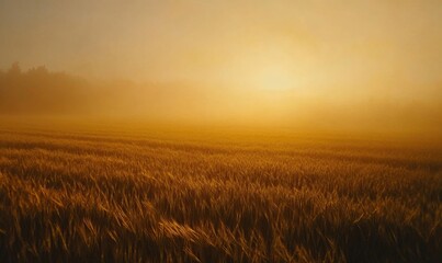 Fototapeta premium Wheat field at dawn, soft light, golden hues, misty horizon