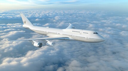 Fototapeta premium Passenger plane in flight. The wide-body 4-engine aircraft flying over the clouds. Side view of aircraft.