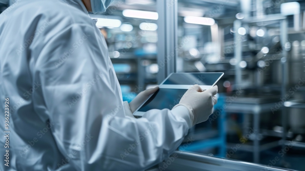 Poster a researcher in protective gear reviews data on a sleek tablet, surrounded by advanced equipment in 