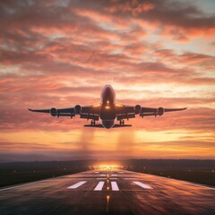 Fototapeta premium passenger plane take off from runways against beautiful dusky sky with copy space use for air transport ,journey and traveling industry business