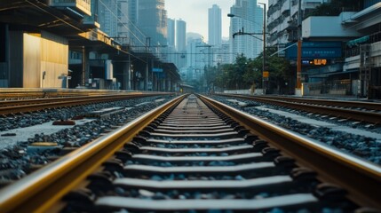 Fototapeta premium perspective of railway track forward to building in city