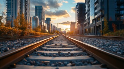Fototapeta premium perspective of railway track forward to building in city