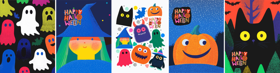 Happy Halloween. Vector cute childish naive illustrations of characters, pumpkin, black cat, ghost, pattern, witch, logo for greeting card, poster, flyer or background