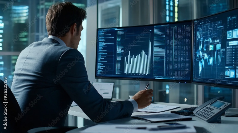 Poster professional analyzing a 3d bar chart on a high-resolution monitor, with detailed data and business 