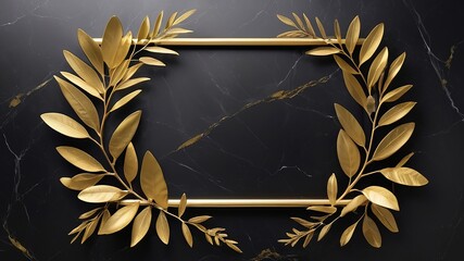 Golden olive leaves gracefully frame a black marble background, offering a luxurious and sophisticated setting with an empty center for product presentation. Made with generative AI technology