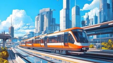Obraz premium sky trains and mass transportation station with modern building in city background