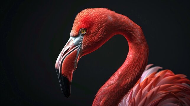 A striking flamingo stands elegantly, its vivid pink feathers contrasting brilliantly with the stark background. The bird's piercing gaze and unique profile highlight its beauty