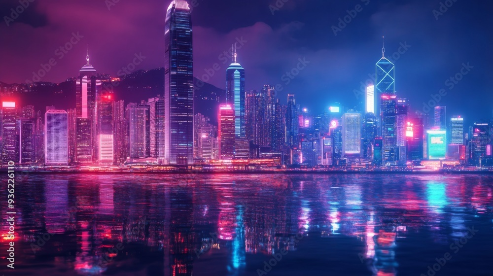 Poster smart network and connection technology concept, hong kong digital city background at night in victo