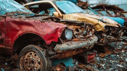 Pile of broken cars in a scrapyard, with rusted metal and shattered windows, emphasizing the end of vehicle life cycles.
