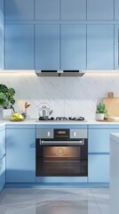 This stylish kitchen showcases sleek blue cabinets paired with a luxurious marble backsplash. The space is bright and inviting, perfect for culinary creativity and gatherings