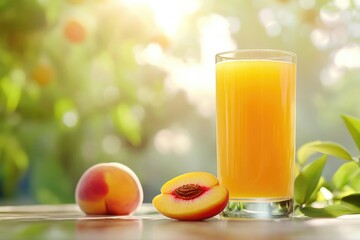 Fototapeta premium Glass of Peach Juice with Fresh Peaches on a Sunny Day
