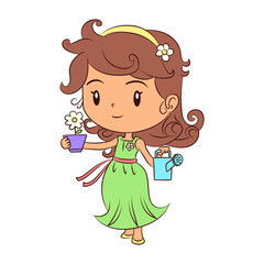Girl watering flower, cute child caring plant