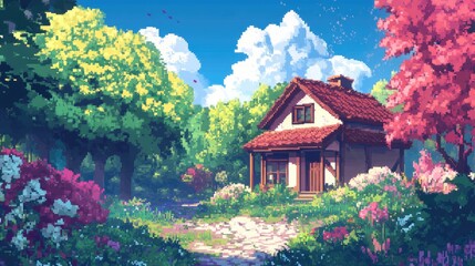 Pixel art house surrounded by a lush, colorful forest, perfect for an anime-style isekai setting with a vibrant daytime palette