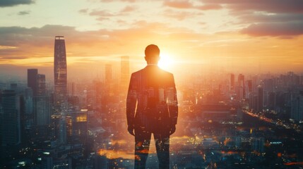 Fototapeta premium The double exposure image of the businessman standing back during sunrise overlay with cityscape image. The concept of modern life, business, city life and internet of things.