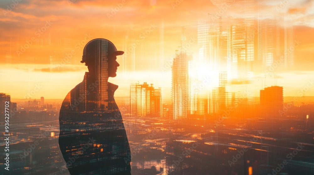 Poster the double exposure image of the engineer standing back during sunrise overlay with cityscape image.
