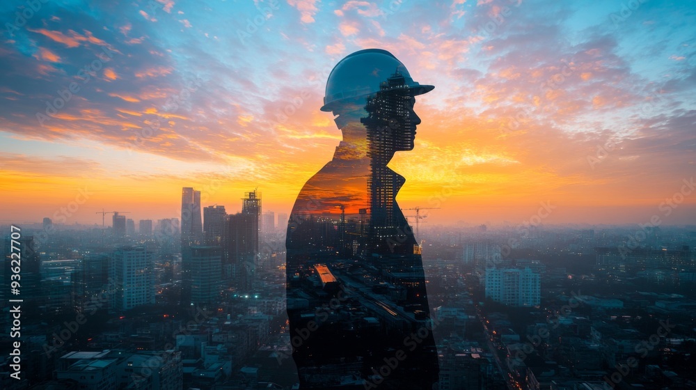 Poster the double exposure image of the engineer standing back during sunrise overlay with cityscape image.