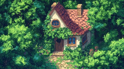 Pixel art house surrounded by dense, green forest, featuring bright and vibrant colors, perfect for an anime-style isekai scene