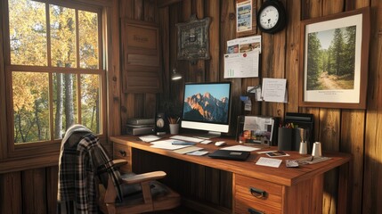 A wooden desk with a computer monitor and a chair with a plaid blanket on it