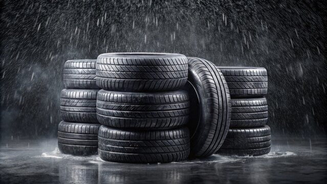 Rain-soaked stack of tires , Reifen, Stapel, Regen, nass, Wetter, Au?en, Umwelt, Landschaft, Recycling, Natur