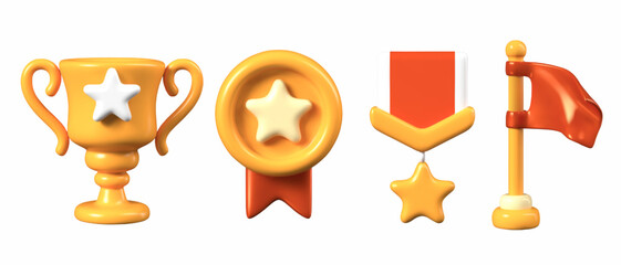 Set of game trophies in realistic cartoon style. Golden cup, medal, order, flag