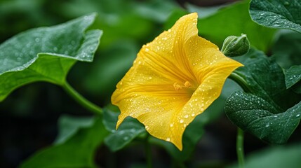 A vibrant yellow pumpkin flower with lush green leaves frames the composition, showcasing its natural beauty.