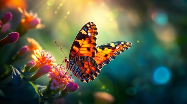 A stunning macro photograph captures a butterfly hovering above a flower, bathed in a play of light and shadow. The vibrant colors and intricate details make it a captivating piece of art.