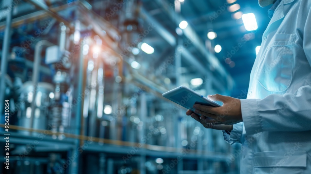 Aufkleber A scientist in a lab coat examines data on a tablet while surrounded by high-tech equipment in a vibrant industrial space. The atmosphere buzzes with innovation and precision