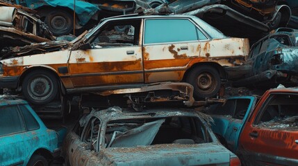 Fototapeta premium Rusty, broken cars stacked in a dump, illustrating the harsh reality of automotive disposal and recycling.