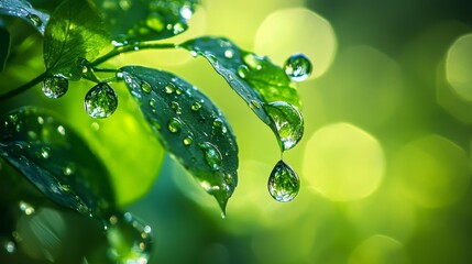 Vibrant greenery serves as a backdrop for glistening water droplets, suspended in mid-air.