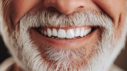 Obraz premium Senior man smile in close-up, highlighting white teeth and oral hygiene, perfect for dental clinic advertisements.