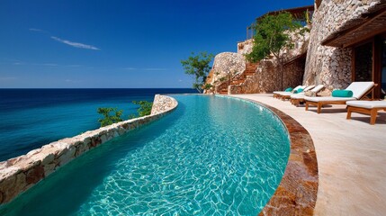Fototapeta premium Infinity pool at a cliffside resort, blending seamlessly with the horizon.